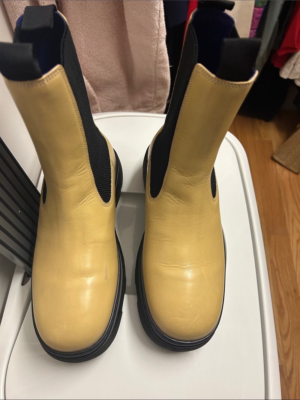 Burberry Yellow Leather Chelsea Rain Boots with Black Elastic Panels